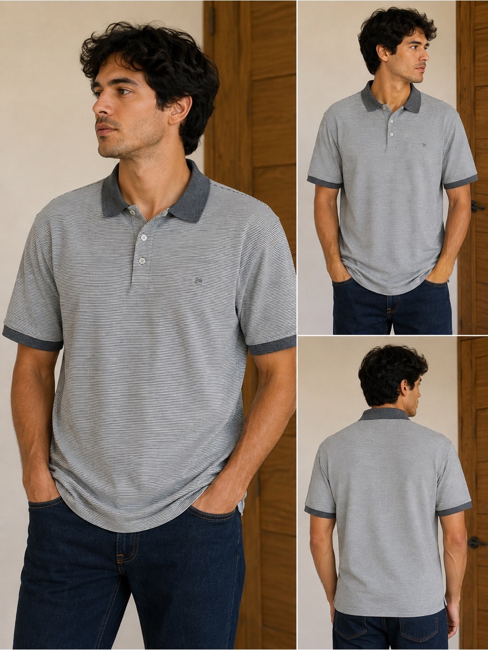 Calvin Klein Grey Striped Polo with Dark Contrast Collar